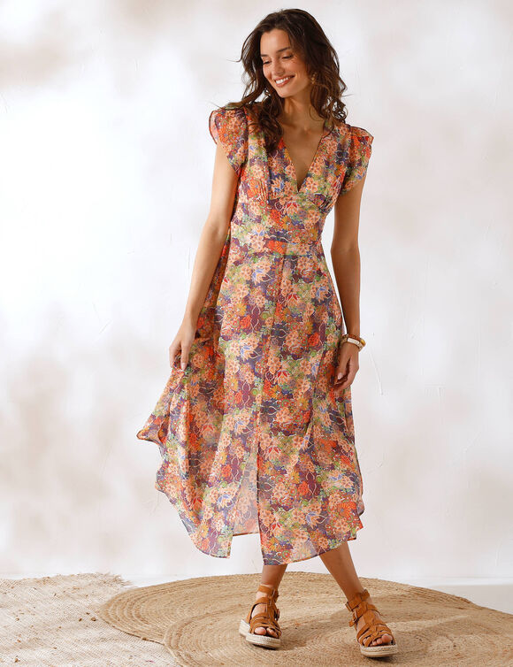 Robe col V mancherons volantés, voile imprimé (violet / pêche)