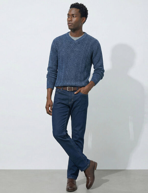 Kabeltrui met V-hals (gespikkeld blauw)