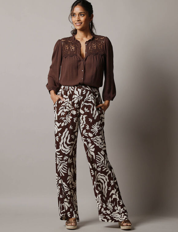 Pantalon large imprim&eacute; en cr&eacute;pon (chocolat / &eacute;cru)