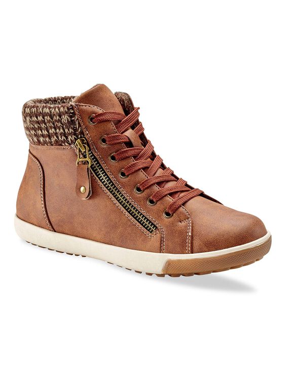 Gevoerde sneakers met hoge schacht, enkelrand in tricot (bruin)