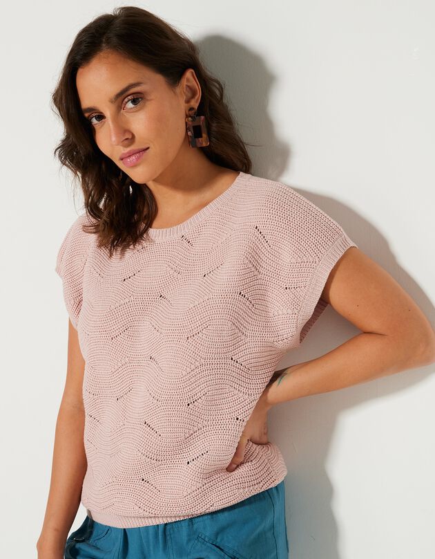 Pull manches courtes, maille fantaisie (rose poudré)