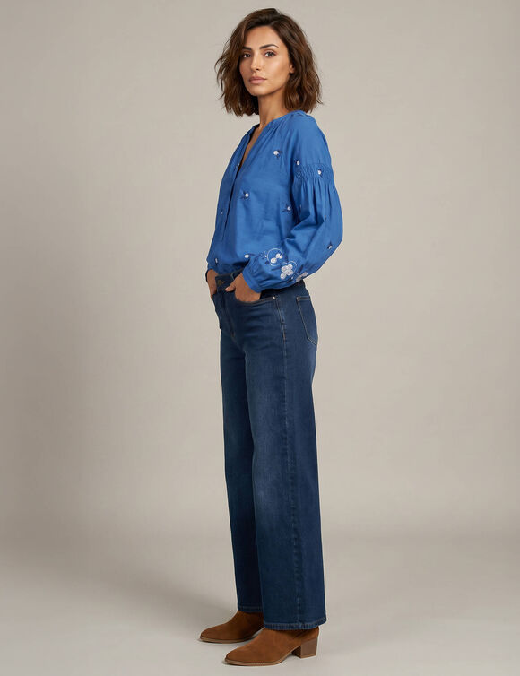 Blouse flanelle, manches 7/8, imprim&eacute; effet broderie (bleu)