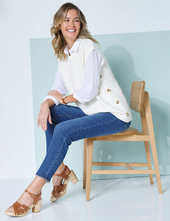 Pull-tunique sans manches à boutons effet corne, maille fantaisie (écru)