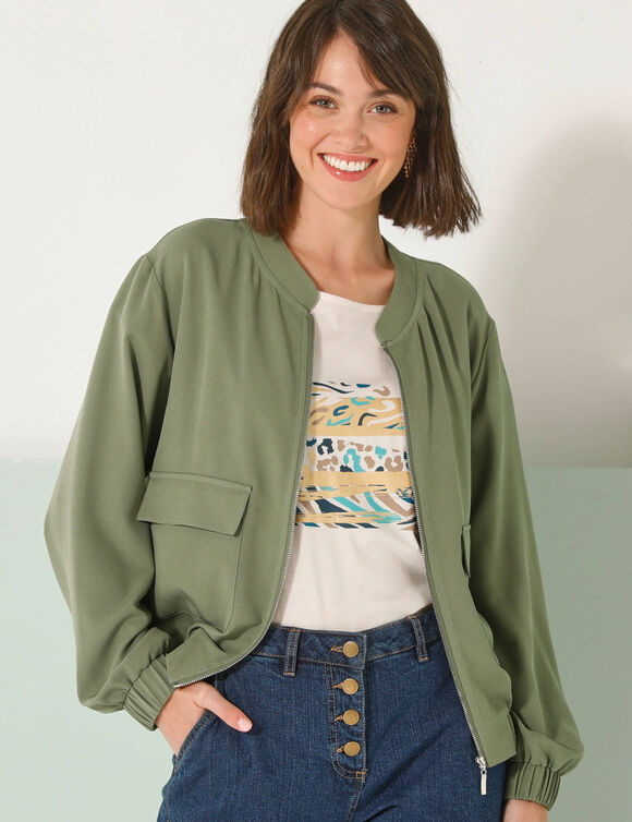 Veste zippée unie, grandes poches (kaki)