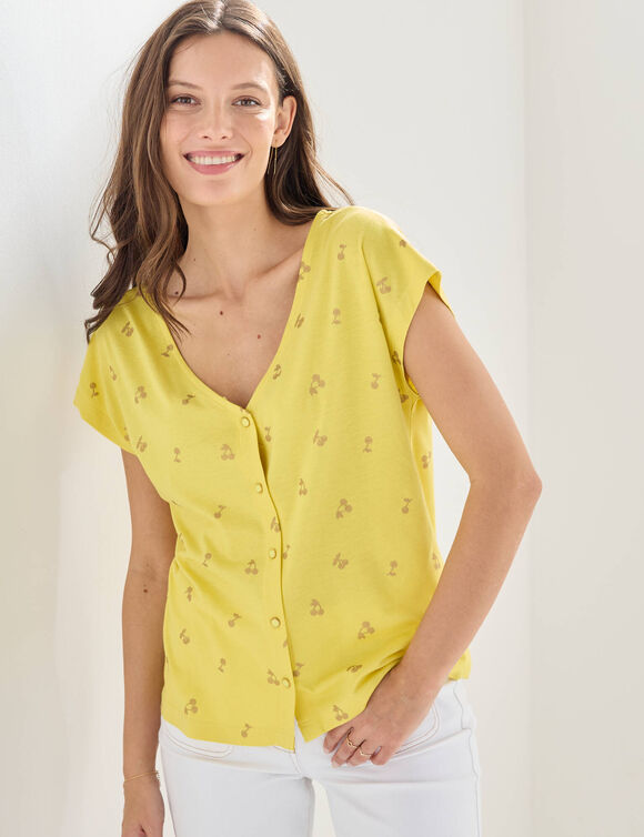 T-shirt col V boutonn&eacute; imprim&eacute; cerises dor&eacute;es (anis / dor&eacute;)