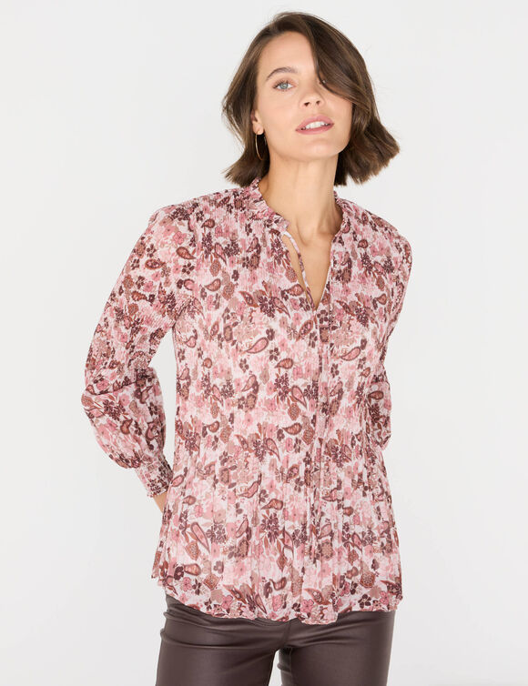 Geplooide blouse met bloemprint, van voile (roze / chocolade)