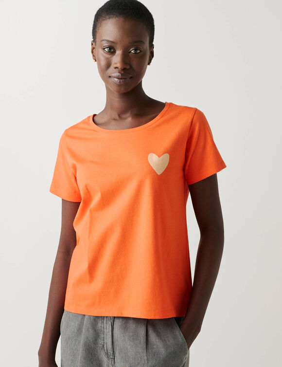 T-shirt met ronde hals, effen met goudkleurig hart (oranje)