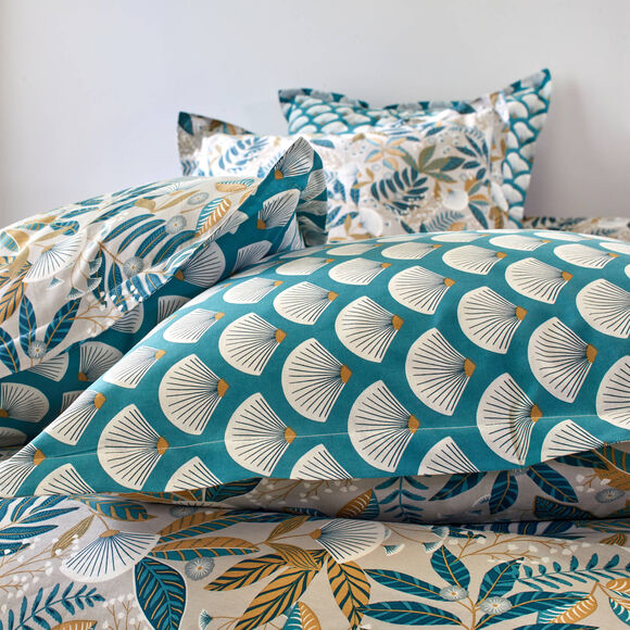 Linge de lit imprimé Hélène coton (bleu paon)
