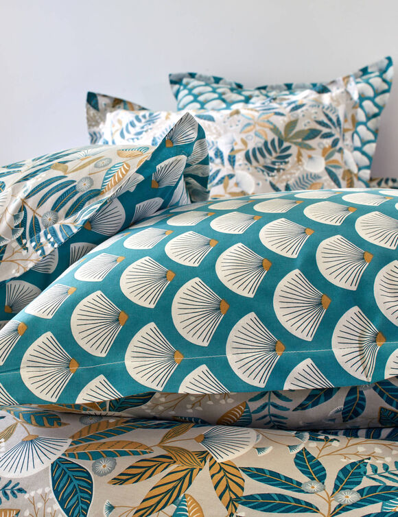 Linge de lit imprimé Hélène coton (bleu paon)
