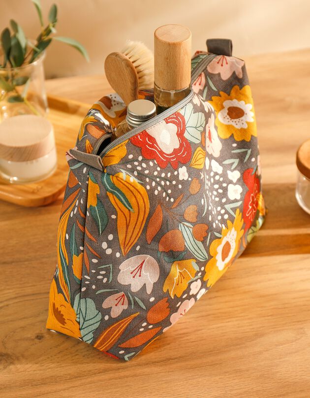 Trousse de toilette zippée motif fleuri folk - collection upcycling (gris/multicolore)