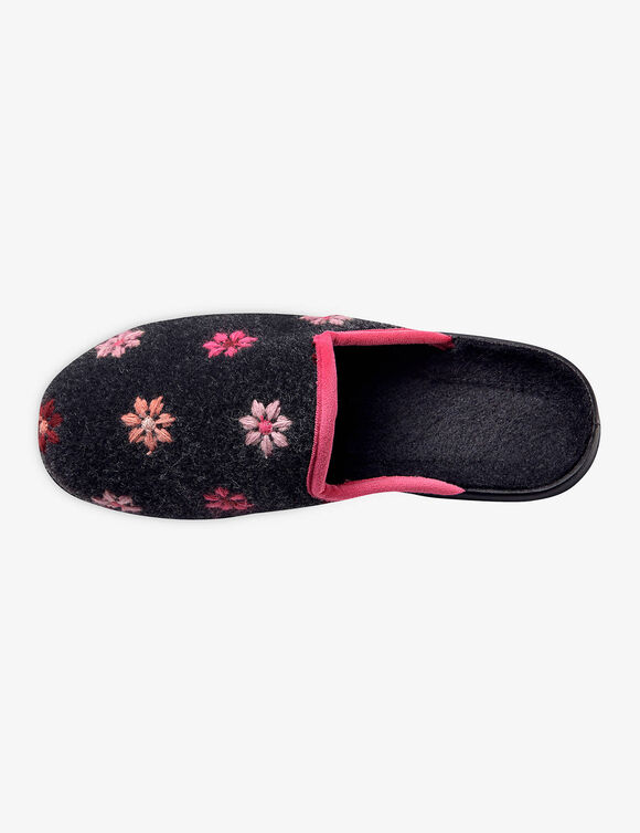 Chaussons mules - brodés fleurs (anthracite)