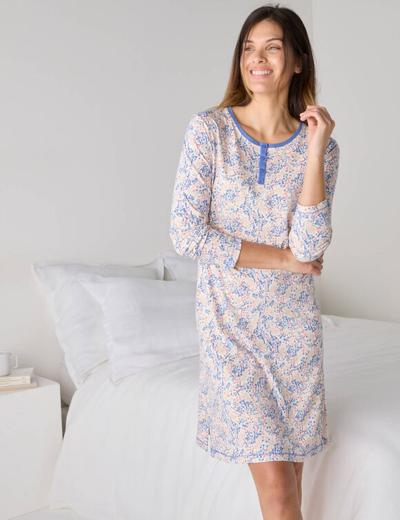 Nachthemd met lange mouw en en 'vogel' print (ecru / blauw)