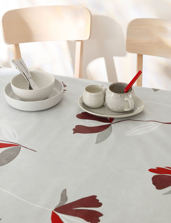 Tafellaken in toile cirée, bloemenprint (grijs / rood)