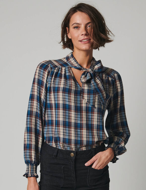 Blouse &agrave; lavalli&egrave;re manches longues, &agrave; carreaux (beige / bleu)