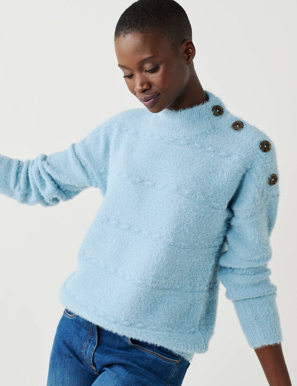 Pull col montant, maille poilue fantaisie (gris bleut&eacute;)