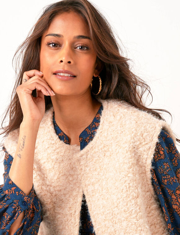 Veste sans manches, maille bouclette (beige)