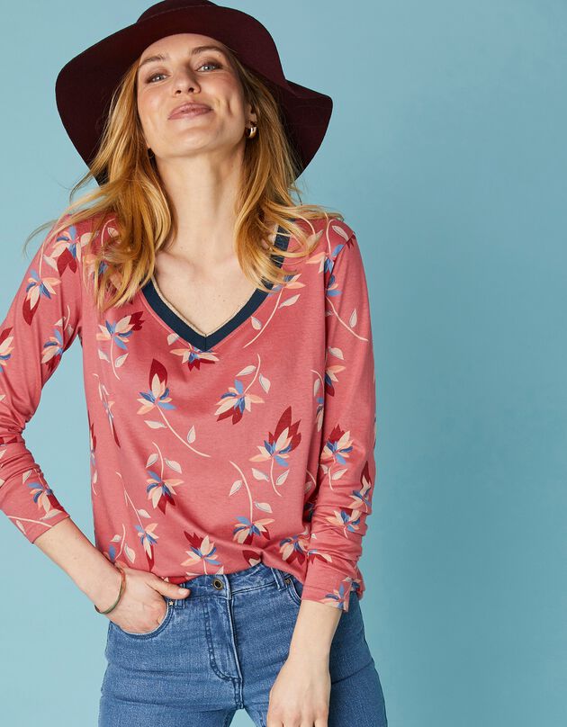 T-shirt met fantasie V-hals, met bloemenprint (terracotta / beige) T-shirt met fantasie V-hals, met bloemenprint (terracotta / beige)
