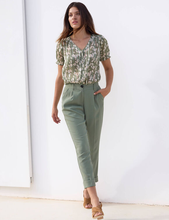 Chemisier manches blousantes imprim&eacute; floral, voile jacquard (kaki / &eacute;cru)