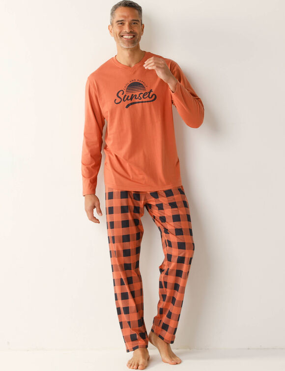 Geruite pyjama in katoen met lange mouwen (abrikoos)