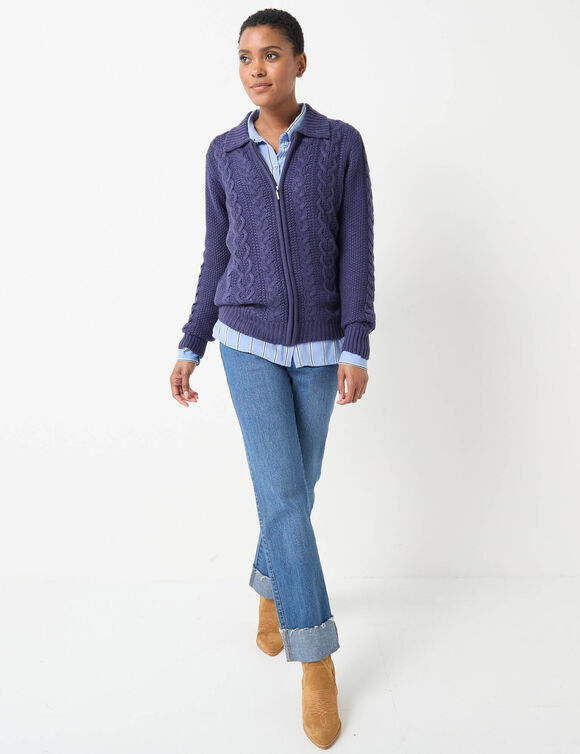 Gilet zippé col polo, maille torsadée (marine)
