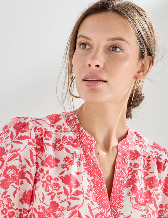 Chemisier col tunisien manches 3/4, imprim&eacute; bicolore (&eacute;cru / framboise)