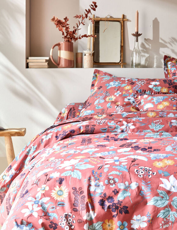 Linge de lit Kelly en coton imprim&eacute; floral (bois de rose)