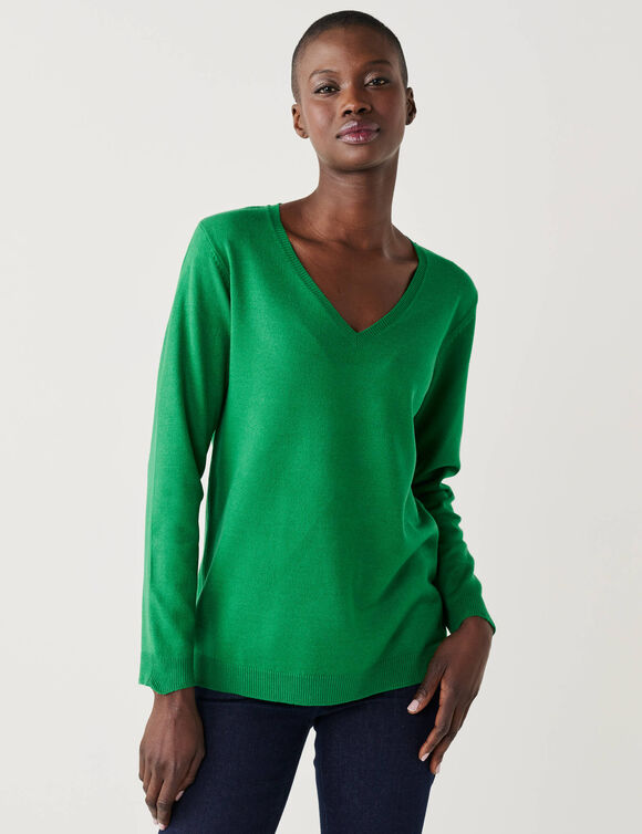Pull col V, toucher doux (vert)