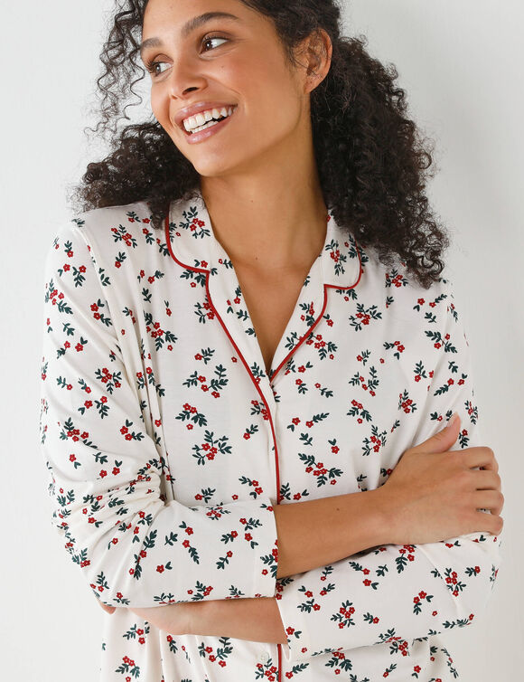 Nachthemd met reverskraag en hulstprint (ecru / kersenrood)