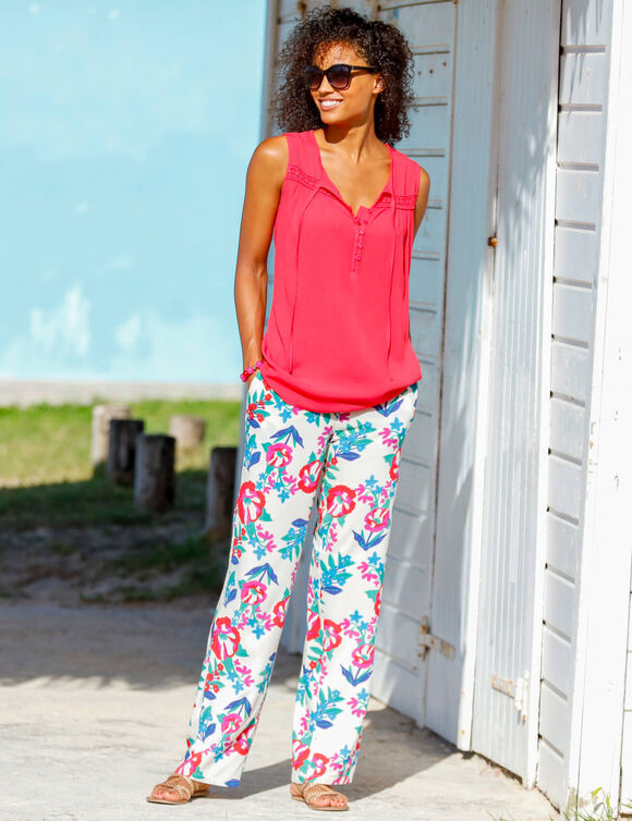 Tunique unie sans manches, cr&eacute;pon et macram&eacute; (rouge)