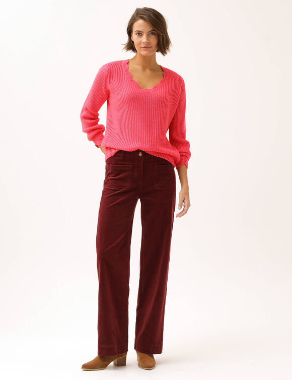 Pantalon velours coupe large taille haute, petite stature (bordeaux)