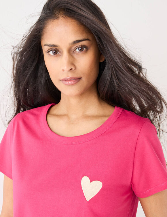 T-shirt uni brodé coeur manches courtes (rose)