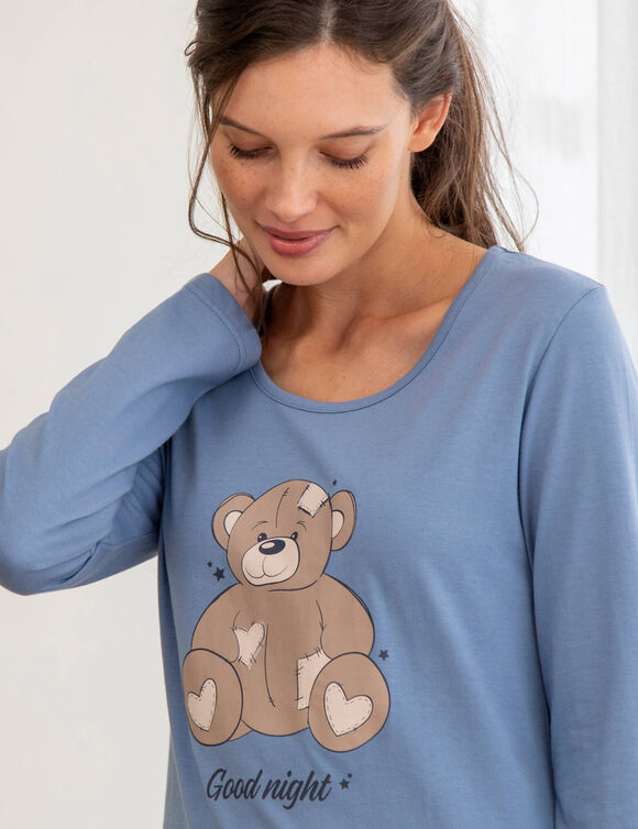 Pyjama en coton motif plac&eacute; ourson manches longues  (bleu gris&eacute;)