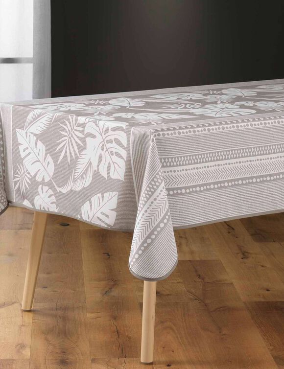 Tweekleurig tafellaken met bladerenprint, vlot onderhoud (naturel)