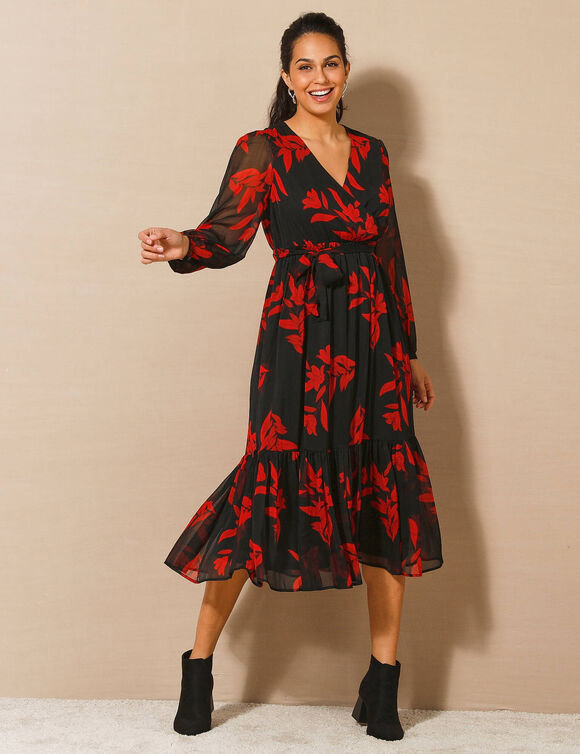 Robe longue volant, voile imprim&eacute; (noir / rouge)