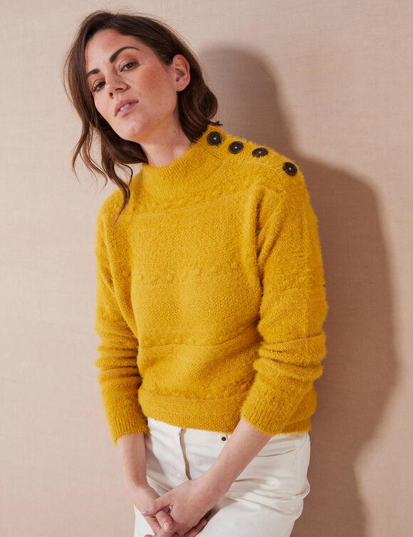 Pull col montant, maille poilue fantaisie (miel)