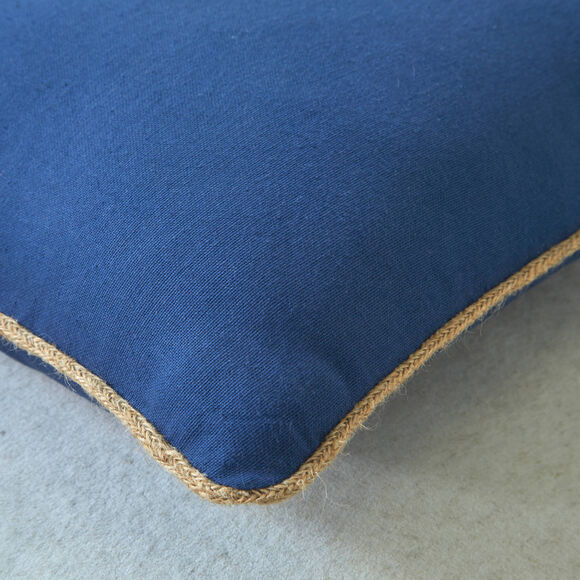 Effen kussen met juten biesje (blauw)