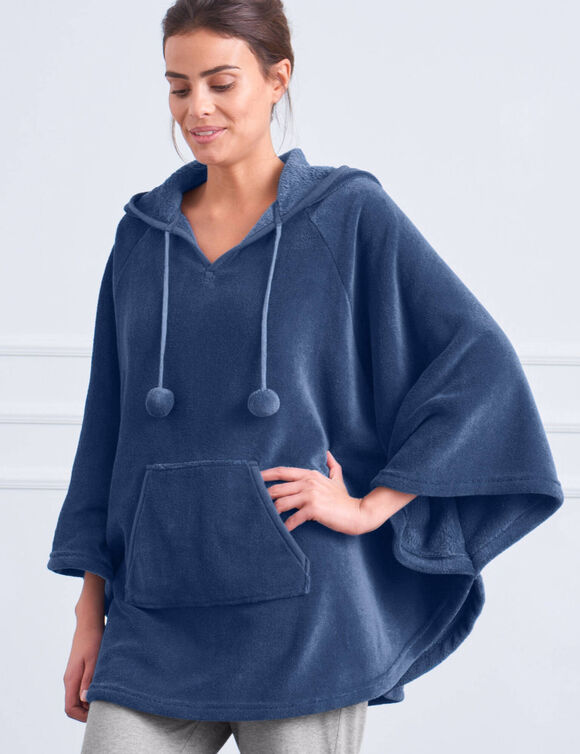 Poncho à capuche, maille polaire toucher peluche (bleu)