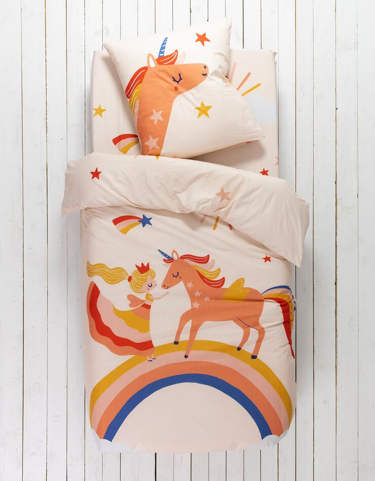 Linge de lit enfant coton - imprimé Princesse et Licorne (rose)