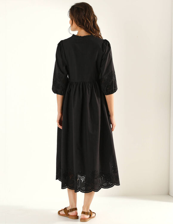 Robe manches 3/4, d&eacute;tails en broderie anglaise (noir)