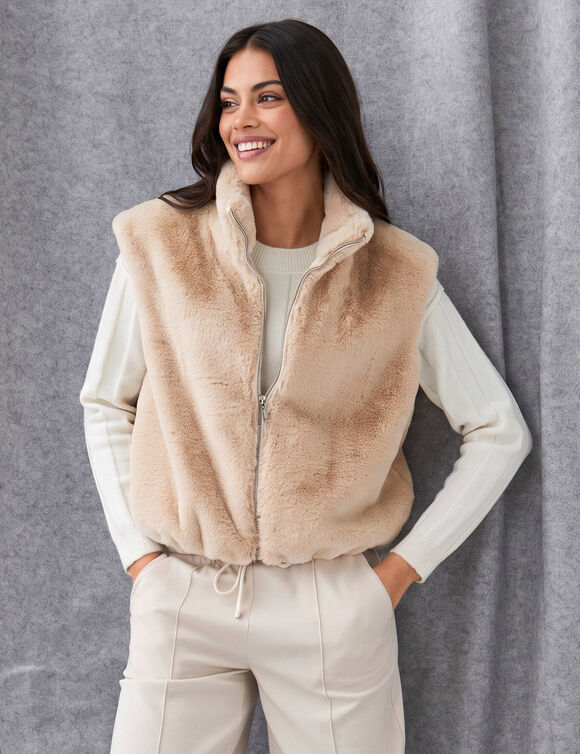 Veste sans manches zipp&eacute;e, mati&egrave;re duveteuse (beige)