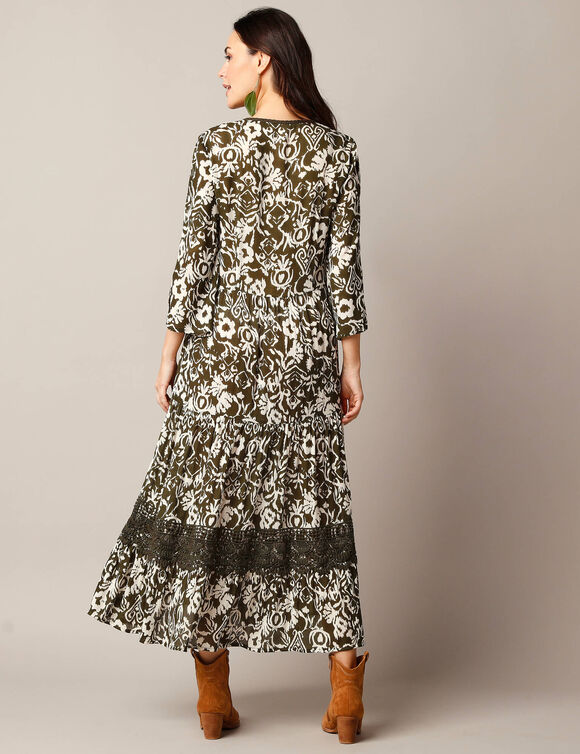 Robe longue imprimée manches 3/4, détails macramé (kaki / écru)