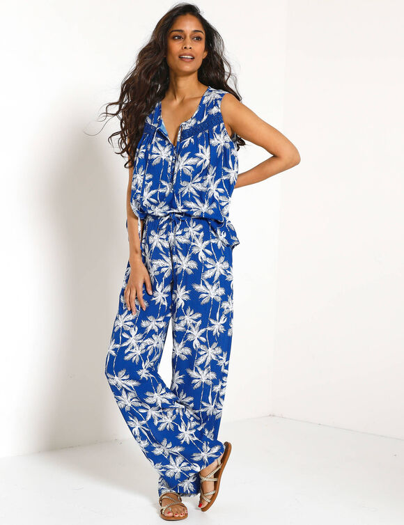 Tunique sans manches imprim&eacute; palmiers, cr&eacute;pon et macram&eacute; (bleu dur / blanc)