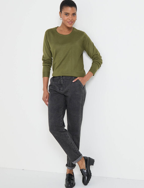 Pull col rond uni, manches longues, toucher doux (kaki)