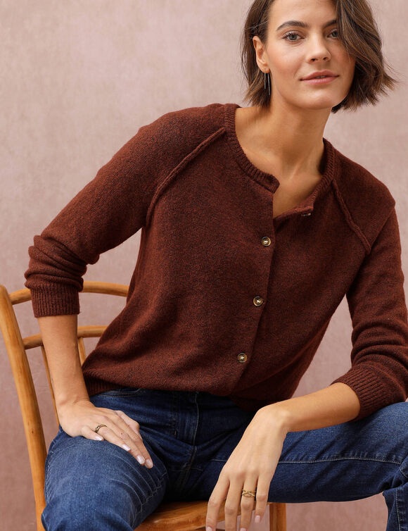 Gilet boutonn&eacute;, maille moelleuse en laine m&eacute;lang&eacute;e (marron)