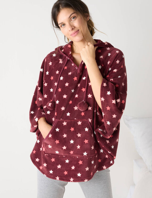 Poncho met capuchon, fleece met pluche-achtige textuur (bordeaux / koraal)