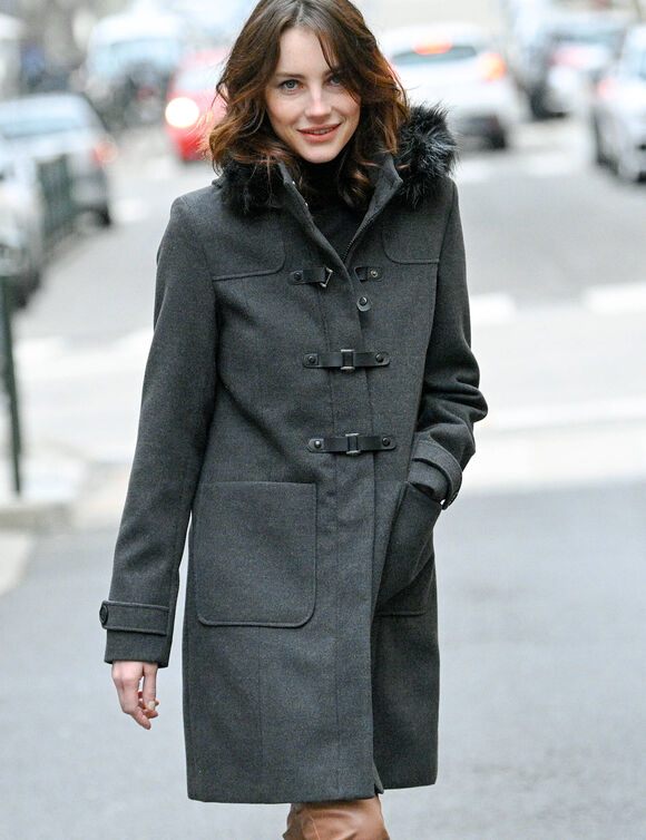 Duffle-coat capuche fausse fourrure uni (anthracite chiné)
