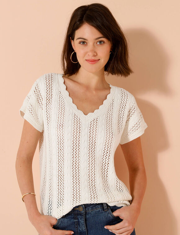 V-halstrui met korte mouwen, ajourtricot (ecru)