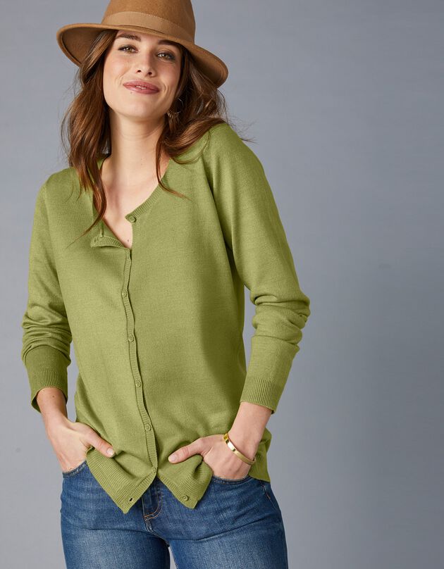 Cardigan boutonné col rond uni toucher cachemire, vert mousse Cardigan boutonné col rond uni toucher cachemire, vert mousse, hi-res