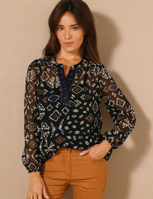 Blouse en voile imprimé  (noir / écru)