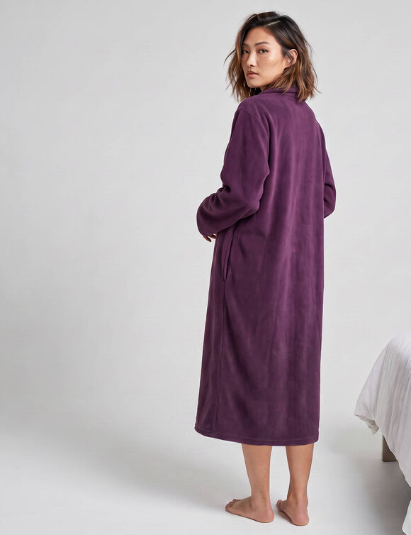 Robe de chambre longue en polaire, col Claudine (prune)